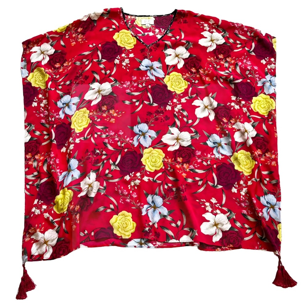 JOHNNY WAS JADE 100% Silk Vega Floral-Print V-Neck Silk Tunic w/ Tassels Artsy - Picture 3 of 11
